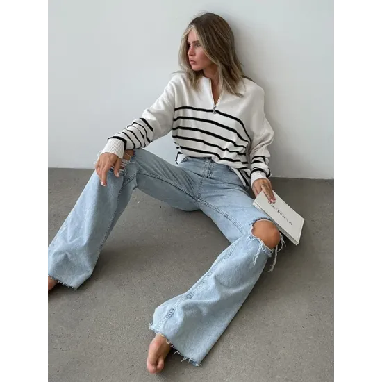 Urban Long Sleeves Loose Striped Round-Neck Sweater Tops Urban Long Sleeves Loose Striped Round-Neck Sweater Tops