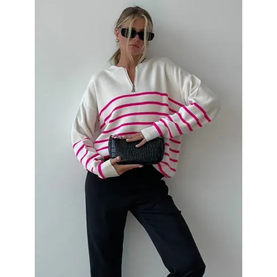 Urban Long Sleeves Loose Striped Round-Neck Sweater Tops Urban Long Sleeves Loose Striped Round-Neck Sweater Tops
