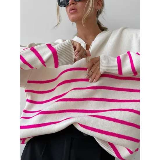 Urban Long Sleeves Loose Striped Round-Neck Sweater Tops Urban Long Sleeves Loose Striped Round-Neck Sweater Tops