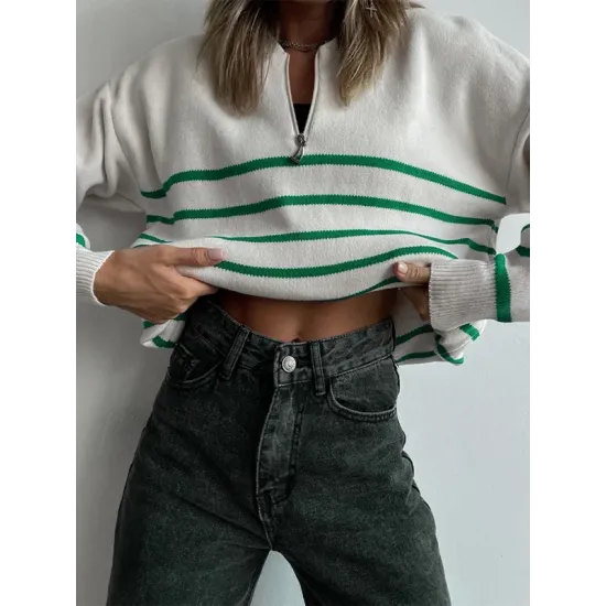Urban Long Sleeves Loose Striped Round-Neck Sweater Tops Urban Long Sleeves Loose Striped Round-Neck Sweater Tops