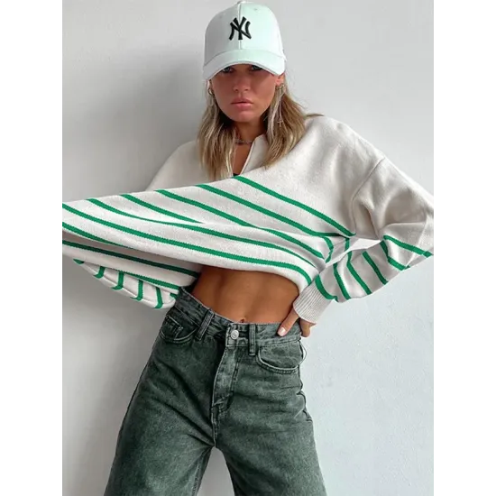 Urban Long Sleeves Loose Striped Round-Neck Sweater Tops Urban Long Sleeves Loose Striped Round-Neck Sweater Tops