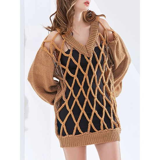 Original Long Sleeves Loose Hollow Solid Color V-Neck Sweater Tops Original Long Sleeves Loose Hollow Solid Color V-Neck Sweater Tops
