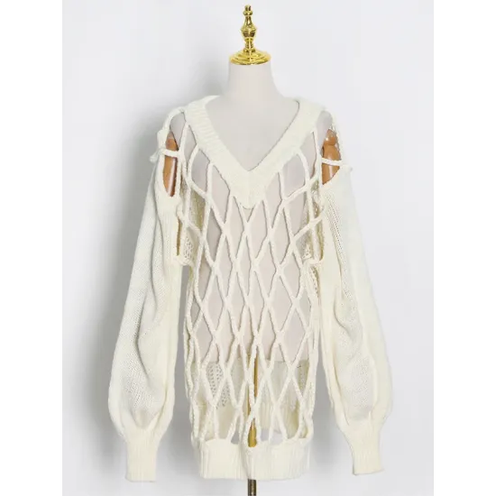 Original Long Sleeves Loose Hollow Solid Color V-Neck Sweater Tops Original Long Sleeves Loose Hollow Solid Color V-Neck Sweater Tops