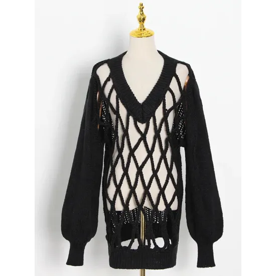 Original Long Sleeves Loose Hollow Solid Color V-Neck Sweater Tops Original Long Sleeves Loose Hollow Solid Color V-Neck Sweater Tops