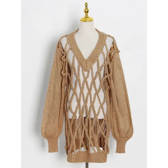 Original Long Sleeves Loose Hollow Solid Color V-Neck Sweater Tops Original Long Sleeves Loose Hollow Solid Color V-Neck Sweater Tops