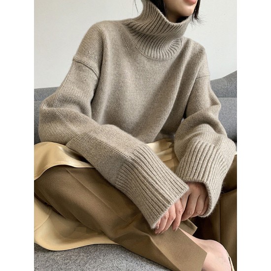 Casual Loose Long Sleeves Solid Color High-Neck Sweater Tops Casual Loose Long Sleeves Solid Color High-Neck Sweater Tops