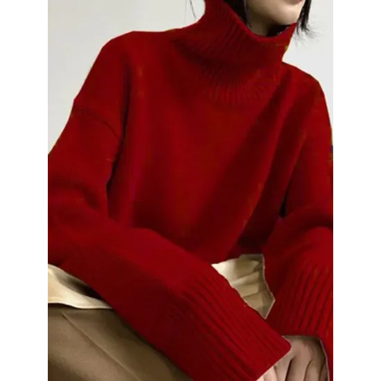 Casual Loose Long Sleeves Solid Color High-Neck Sweater Tops Casual Loose Long Sleeves Solid Color High-Neck Sweater Tops