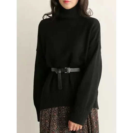 Casual Loose Long Sleeves Solid Color High-Neck Sweater Tops Casual Loose Long Sleeves Solid Color High-Neck Sweater Tops