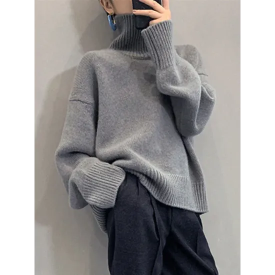 Casual Loose Long Sleeves Solid Color High-Neck Sweater Tops Casual Loose Long Sleeves Solid Color High-Neck Sweater Tops