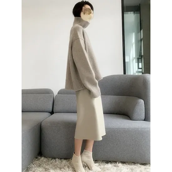 Casual Loose Long Sleeves Solid Color High-Neck Sweater Tops Casual Loose Long Sleeves Solid Color High-Neck Sweater Tops