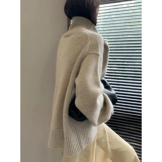 Casual Loose Long Sleeves Solid Color High-Neck Sweater Tops Casual Loose Long Sleeves Solid Color High-Neck Sweater Tops