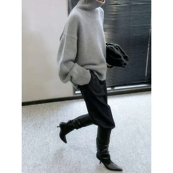 Casual Loose Long Sleeves Solid Color High-Neck Sweater Tops Casual Loose Long Sleeves Solid Color High-Neck Sweater Tops