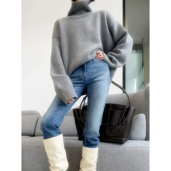 Casual Loose Long Sleeves Solid Color High-Neck Sweater Tops Casual Loose Long Sleeves Solid Color High-Neck Sweater Tops