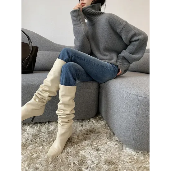 Casual Loose Long Sleeves Solid Color High-Neck Sweater Tops Casual Loose Long Sleeves Solid Color High-Neck Sweater Tops