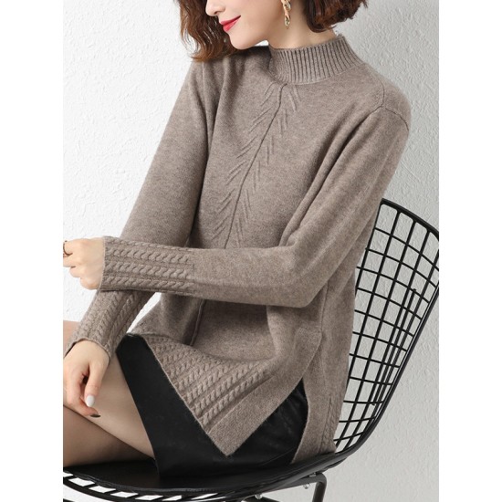 Loose Split-Side Solid Color Half Turtleneck Sweater Tops Loose Split-Side Solid Color Half Turtleneck Sweater Tops