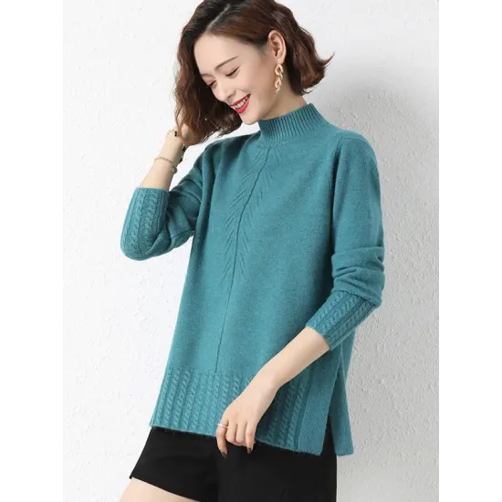 Loose Split-Side Solid Color Half Turtleneck Sweater Tops Loose Split-Side Solid Color Half Turtleneck Sweater Tops