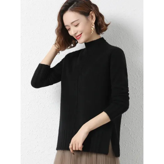 Loose Split-Side Solid Color Half Turtleneck Sweater Tops Loose Split-Side Solid Color Half Turtleneck Sweater Tops