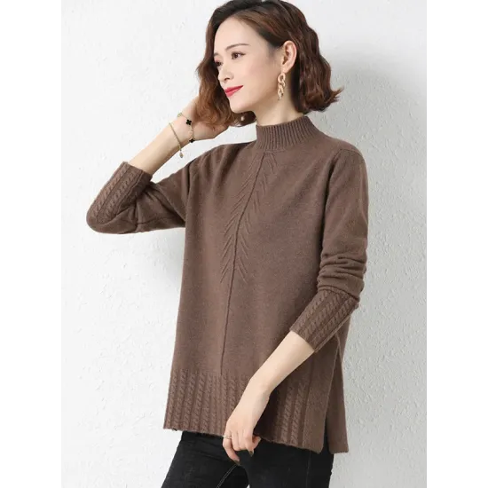 Loose Split-Side Solid Color Half Turtleneck Sweater Tops Loose Split-Side Solid Color Half Turtleneck Sweater Tops