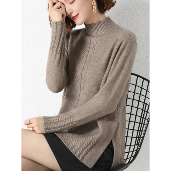 Loose Split-Side Solid Color Half Turtleneck Sweater Tops Loose Split-Side Solid Color Half Turtleneck Sweater Tops