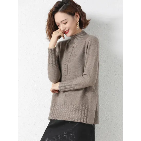 Loose Split-Side Solid Color Half Turtleneck Sweater Tops Loose Split-Side Solid Color Half Turtleneck Sweater Tops