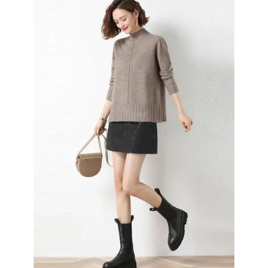 Loose Split-Side Solid Color Half Turtleneck Sweater Tops Loose Split-Side Solid Color Half Turtleneck Sweater Tops