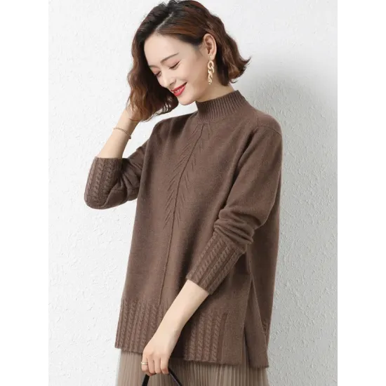 Loose Split-Side Solid Color Half Turtleneck Sweater Tops Loose Split-Side Solid Color Half Turtleneck Sweater Tops