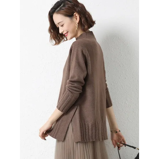 Loose Split-Side Solid Color Half Turtleneck Sweater Tops Loose Split-Side Solid Color Half Turtleneck Sweater Tops