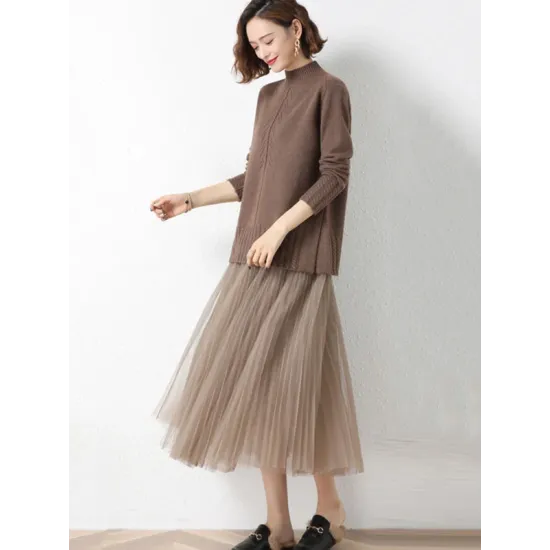 Loose Split-Side Solid Color Half Turtleneck Sweater Tops Loose Split-Side Solid Color Half Turtleneck Sweater Tops