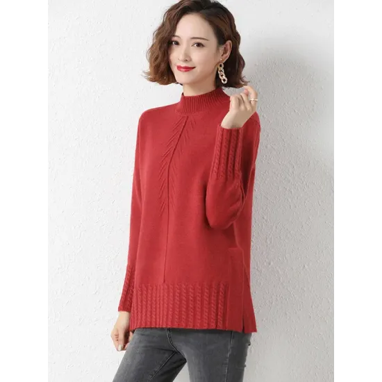 Loose Split-Side Solid Color Half Turtleneck Sweater Tops Loose Split-Side Solid Color Half Turtleneck Sweater Tops
