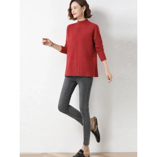 Loose Split-Side Solid Color Half Turtleneck Sweater Tops Loose Split-Side Solid Color Half Turtleneck Sweater Tops