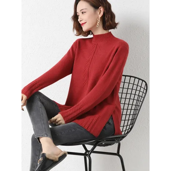 Loose Split-Side Solid Color Half Turtleneck Sweater Tops Loose Split-Side Solid Color Half Turtleneck Sweater Tops
