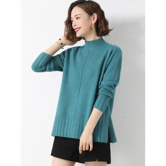 Loose Split-Side Solid Color Half Turtleneck Sweater Tops Loose Split-Side Solid Color Half Turtleneck Sweater Tops