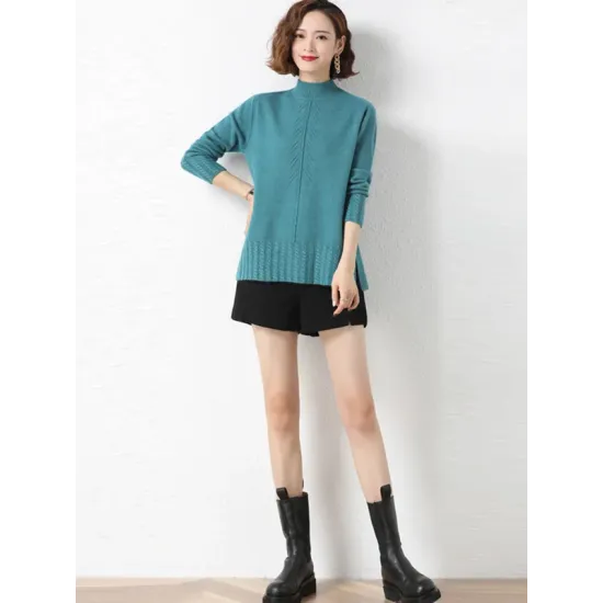 Loose Split-Side Solid Color Half Turtleneck Sweater Tops Loose Split-Side Solid Color Half Turtleneck Sweater Tops