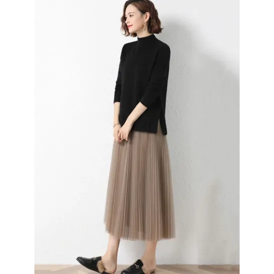 Loose Split-Side Solid Color Half Turtleneck Sweater Tops Loose Split-Side Solid Color Half Turtleneck Sweater Tops