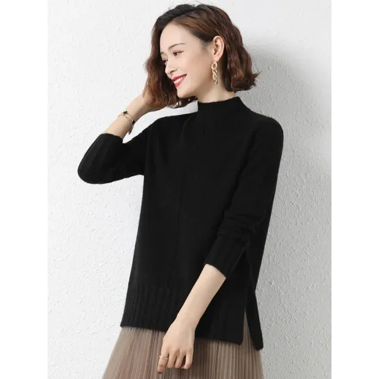 Loose Split-Side Solid Color Half Turtleneck Sweater Tops Loose Split-Side Solid Color Half Turtleneck Sweater Tops