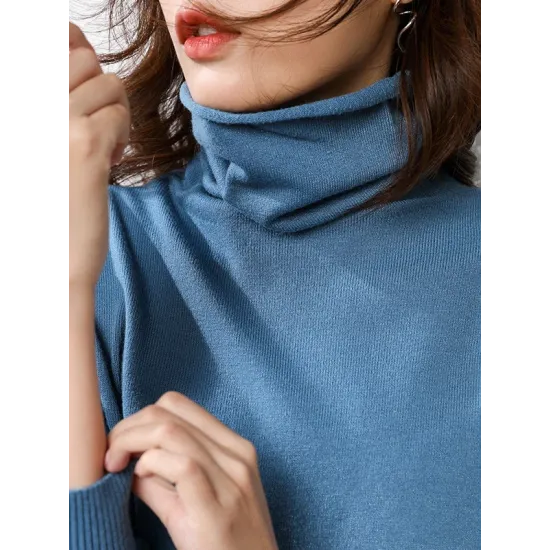 Simple Loose Long Sleeves Solid Color High-Neck Sweater Tops