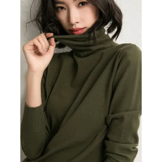 Simple Loose Long Sleeves Solid Color High-Neck Sweater Tops