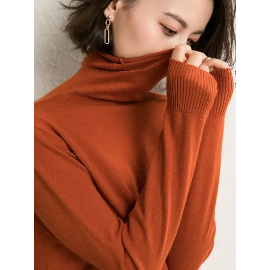 Simple Loose Long Sleeves Solid Color High-Neck Sweater Tops
