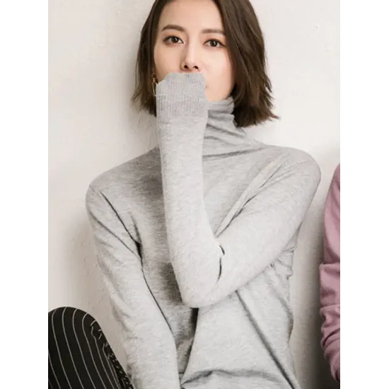 Simple Loose Long Sleeves Solid Color High-Neck Sweater Tops