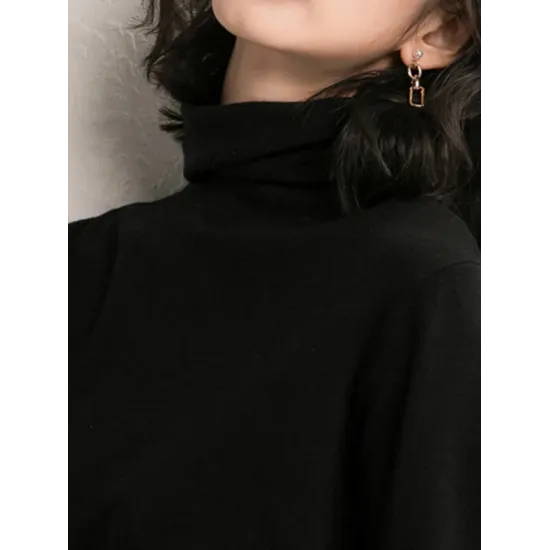 Simple Loose Long Sleeves Solid Color High-Neck Sweater Tops