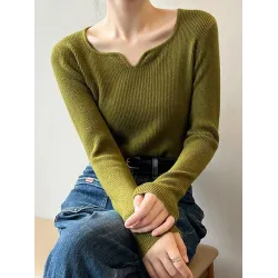 Urban Skinny Long Sleeves Elasticity Solid Color V-Neck Sweater Tops Pullovers