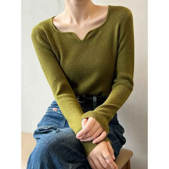 Urban Skinny Long Sleeves Elasticity Solid Color V-Neck Sweater Tops Pullovers Urban Skinny Long Sleeves Elasticity Solid Color V-Neck Sweater Tops Pullovers