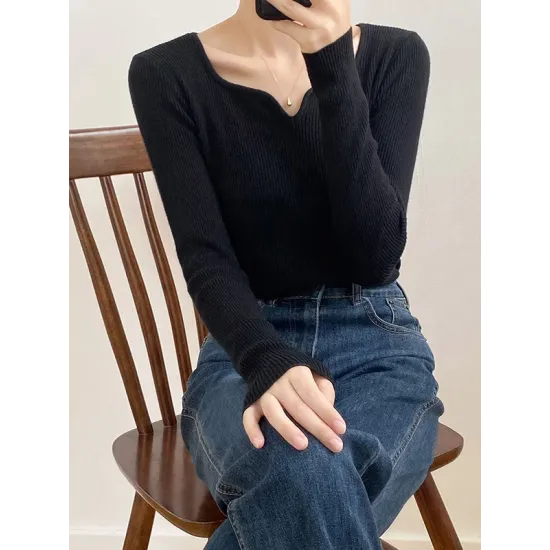 Urban Skinny Long Sleeves Elasticity Solid Color V-Neck Sweater Tops Pullovers Urban Skinny Long Sleeves Elasticity Solid Color V-Neck Sweater Tops Pullovers