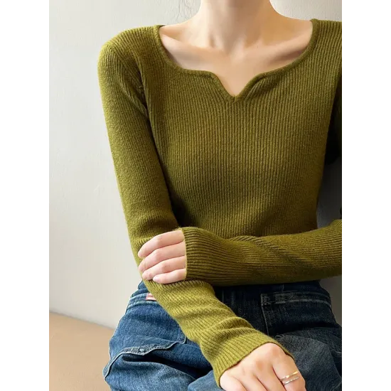 Urban Skinny Long Sleeves Elasticity Solid Color V-Neck Sweater Tops Pullovers Urban Skinny Long Sleeves Elasticity Solid Color V-Neck Sweater Tops Pullovers