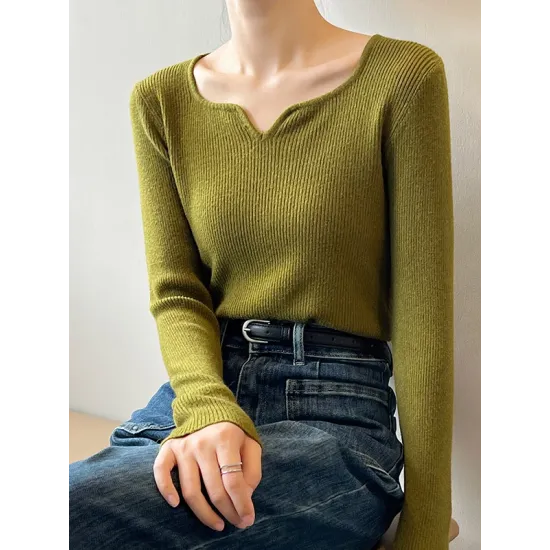 Urban Skinny Long Sleeves Elasticity Solid Color V-Neck Sweater Tops Pullovers Urban Skinny Long Sleeves Elasticity Solid Color V-Neck Sweater Tops Pullovers