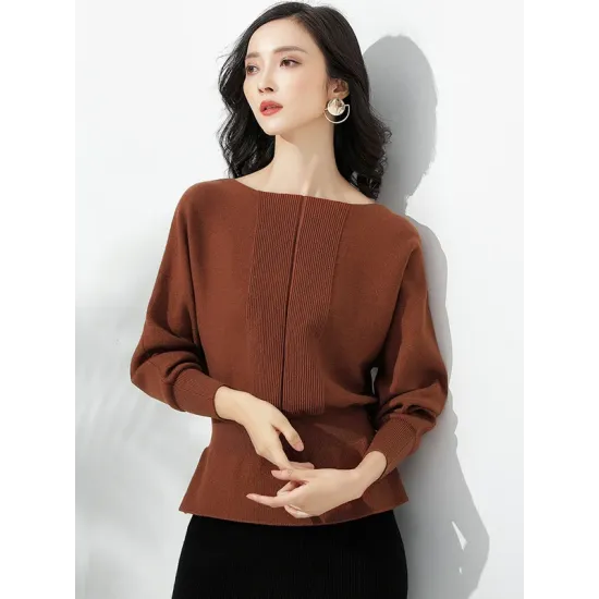 Casual Long Sleeves Solid Color Boat Neck Tunic Sweater Tops Casual Long Sleeves Solid Color Boat Neck Tunic Sweater Tops