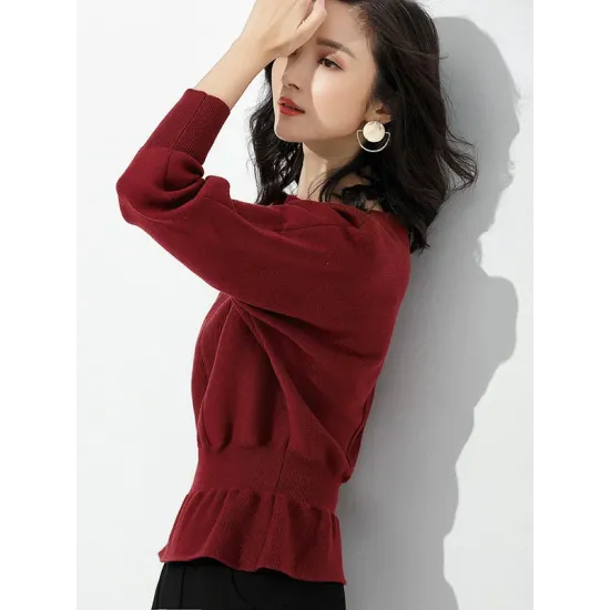 Casual Long Sleeves Solid Color Boat Neck Tunic Sweater Tops Casual Long Sleeves Solid Color Boat Neck Tunic Sweater Tops