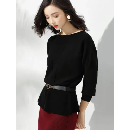 Casual Long Sleeves Solid Color Boat Neck Tunic Sweater Tops Casual Long Sleeves Solid Color Boat Neck Tunic Sweater Tops