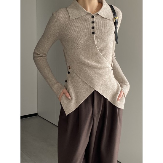 Asymmetric Buttoned Hollow Long Sleeves Skinny Lapel Sweater Pullovers Knitwear Asymmetric Buttoned Hollow Long Sleeves Skinny Lapel Sweater Pullovers Knitwear