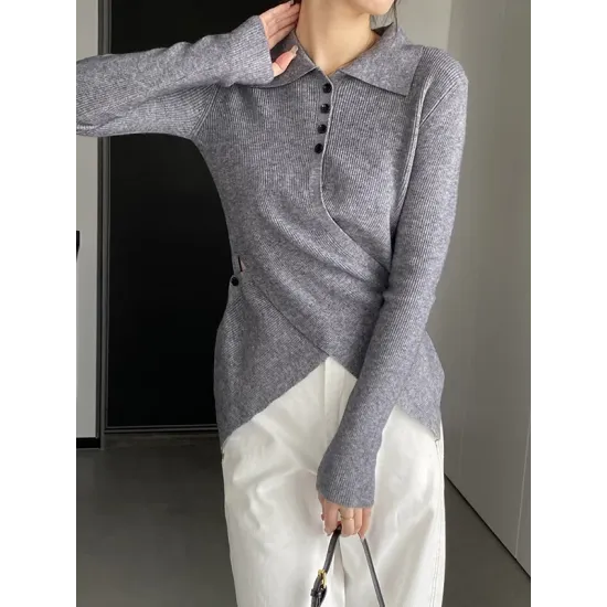 Asymmetric Buttoned Hollow Long Sleeves Skinny Lapel Sweater Pullovers Knitwear Asymmetric Buttoned Hollow Long Sleeves Skinny Lapel Sweater Pullovers Knitwear